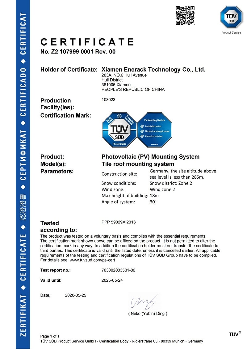 certificado de montagem solar enerack TUV