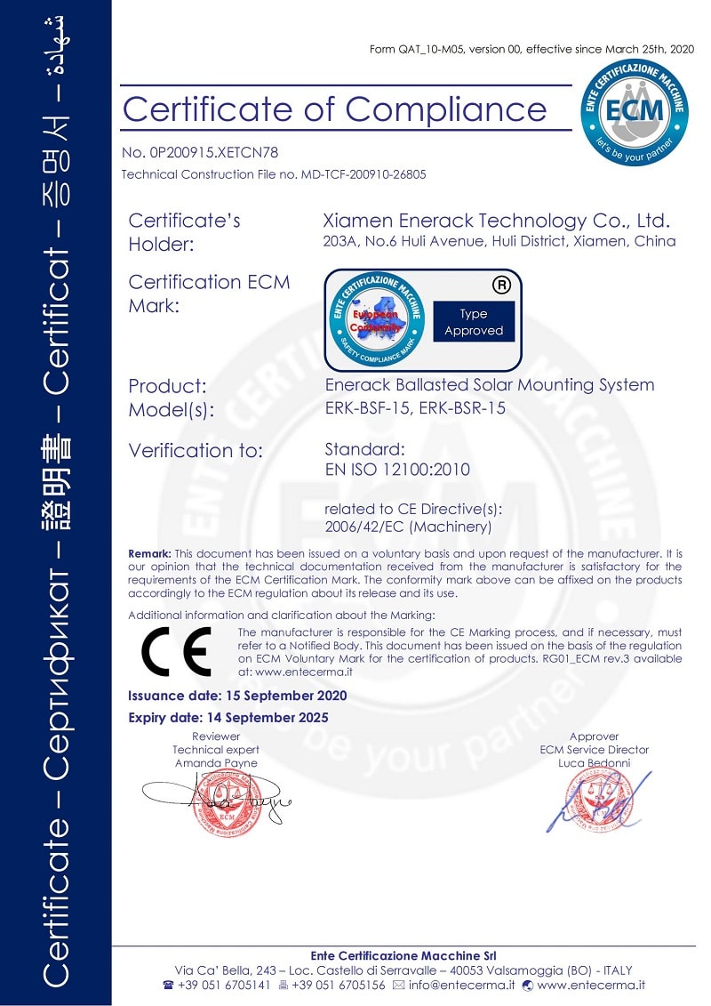 certificado CE do sistema de montagem solar com lastro enerack
