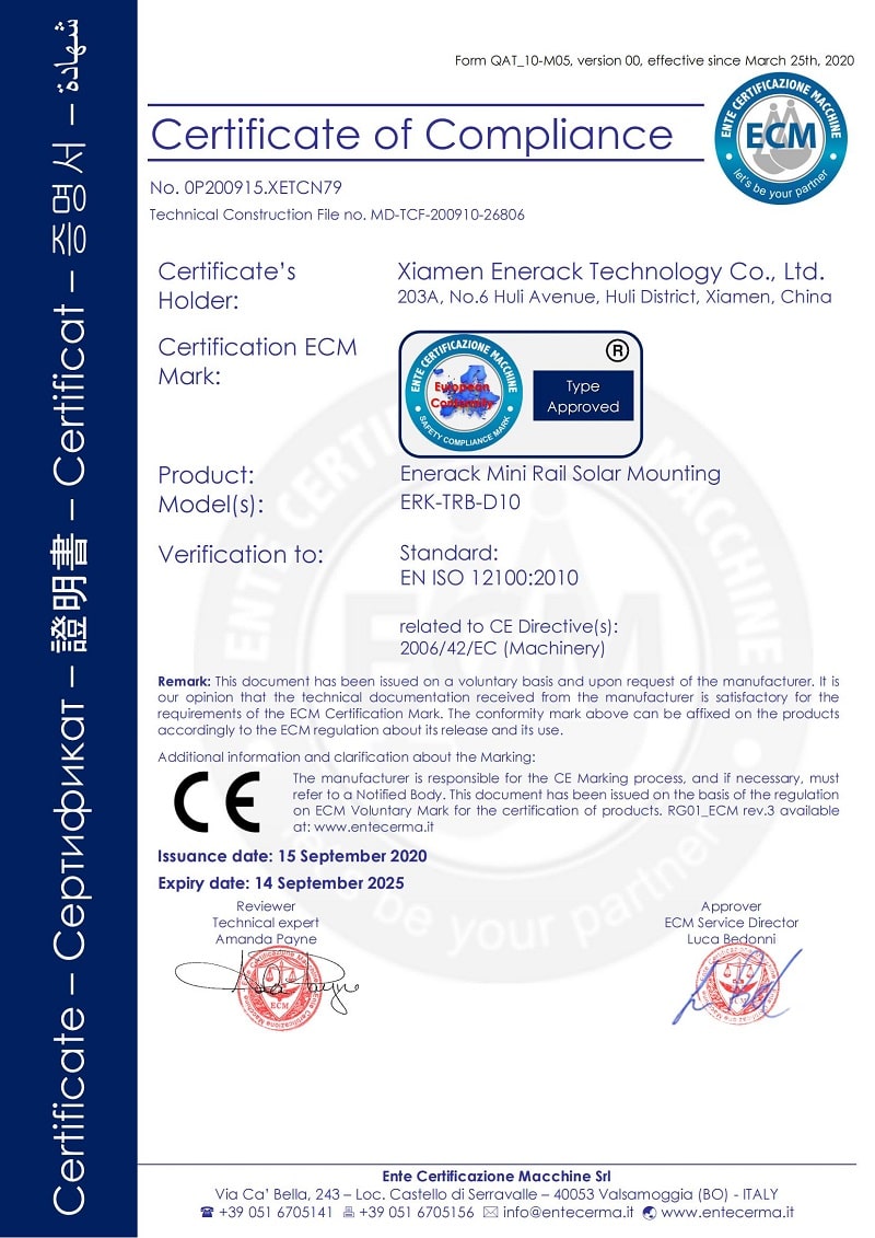 Certificado CE de montagem solar de mini trilho enerack